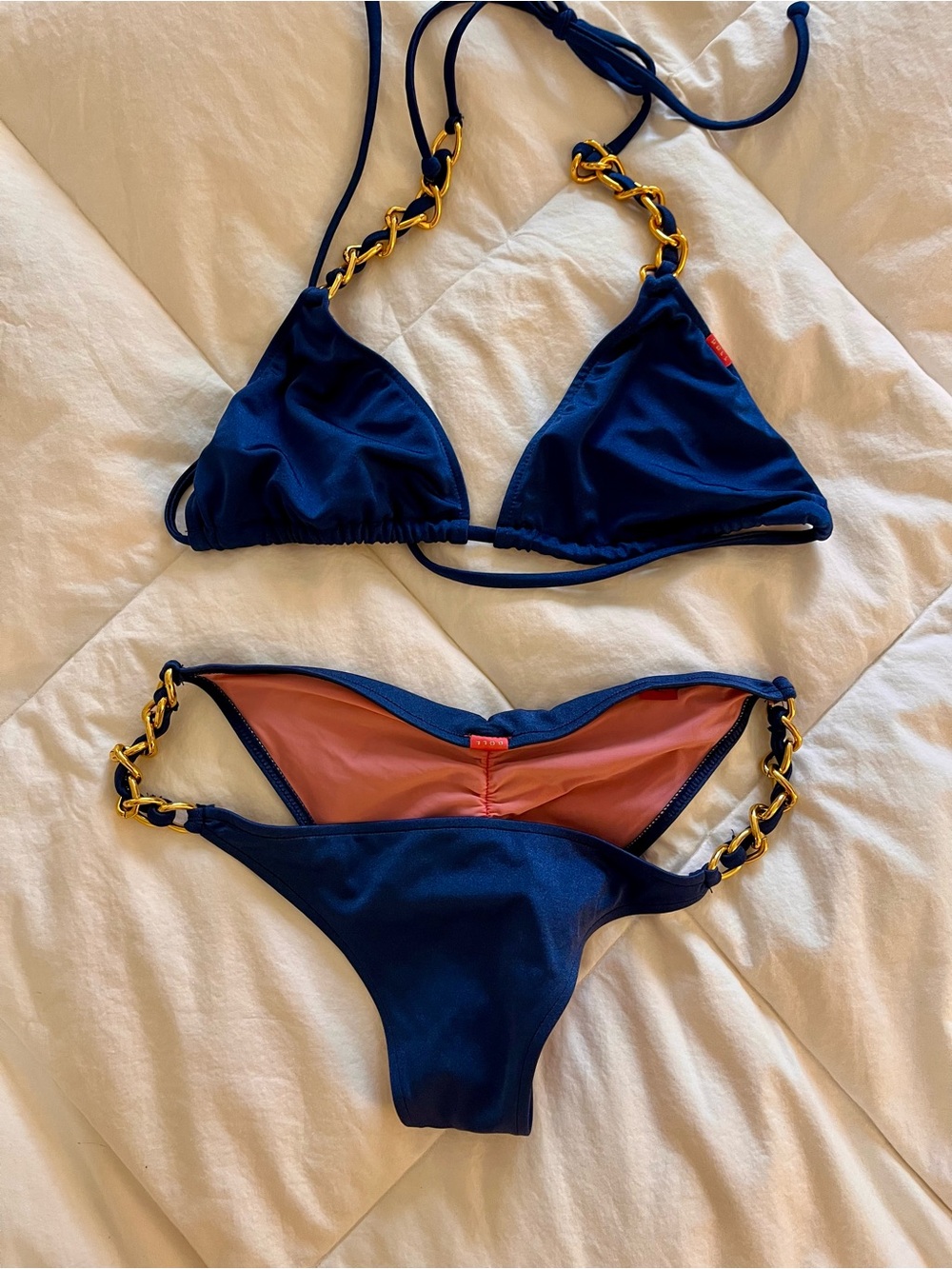 Doll Medium Navy Triangle Bikini with Gold Chain Accents - Women's Swim